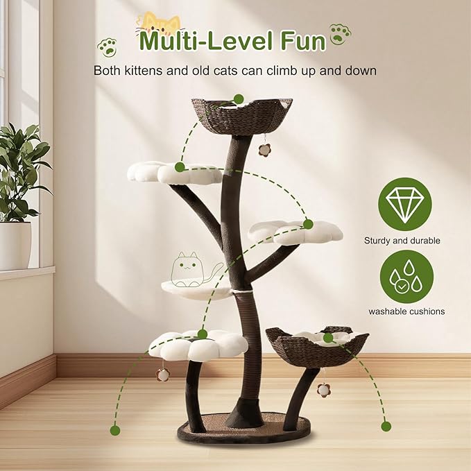 59In Modern Flower Cat Tree with Scratching Posts Handwoven Baskets Cat Tower Baskets Dtachable Cute Climb Frame Beds for Large & Multi-Cat Homes