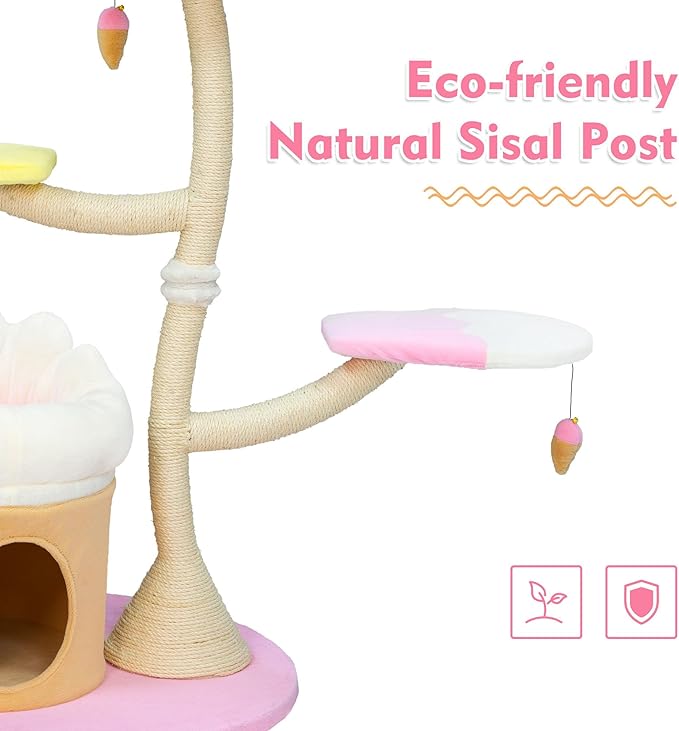 KAMABOKO 52.4" Flower Cat Tree, Cute Cat Tree House for Indoor Cats, Cloud Cats Tree Tower with Cat Condo, Sisal Scratching Posts, Hanging Toys for Playing