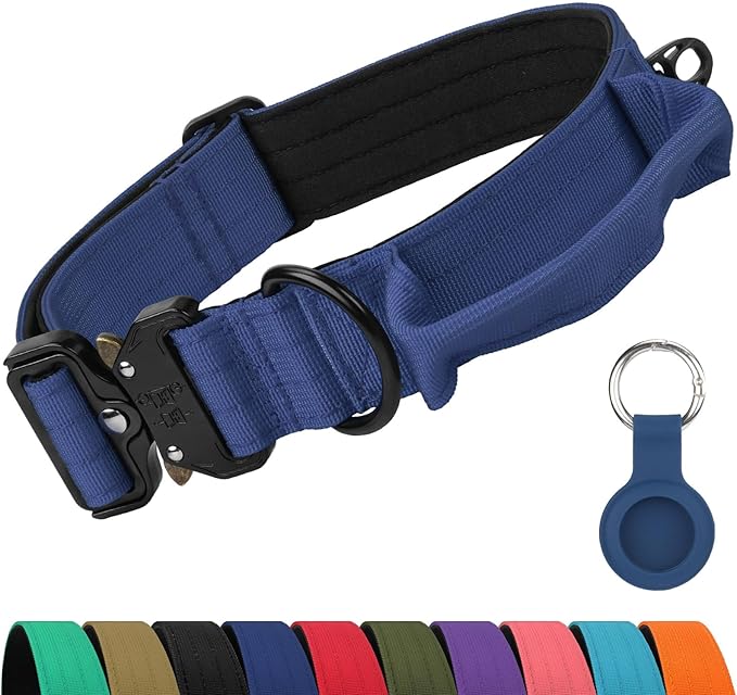 Joytale Tactical Dog Collar for X-Large Dogs with Control Handle, Heavy Duty Military Training Collar for Power Breeds, AirTag Holder Case, Quick Release Metal Buckle, Soft Padded, XL, Navy Blue