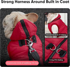 Fleece Lining Dog Hoodie with Harness Built in,Extra Warm Small Dog Jacket in Winter Puppy Coats with Hooded,Red M
