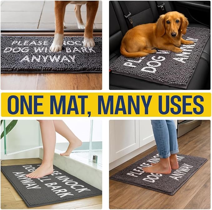 Muddy Mat® Absorbent Microfiber Door Mat and Pet Rug, Non Slip Washable Chenille Indoor Outdoor Rug - Please Knock Dog Will Bark Anyway Funny Dog Welcome Mat 19"x30"