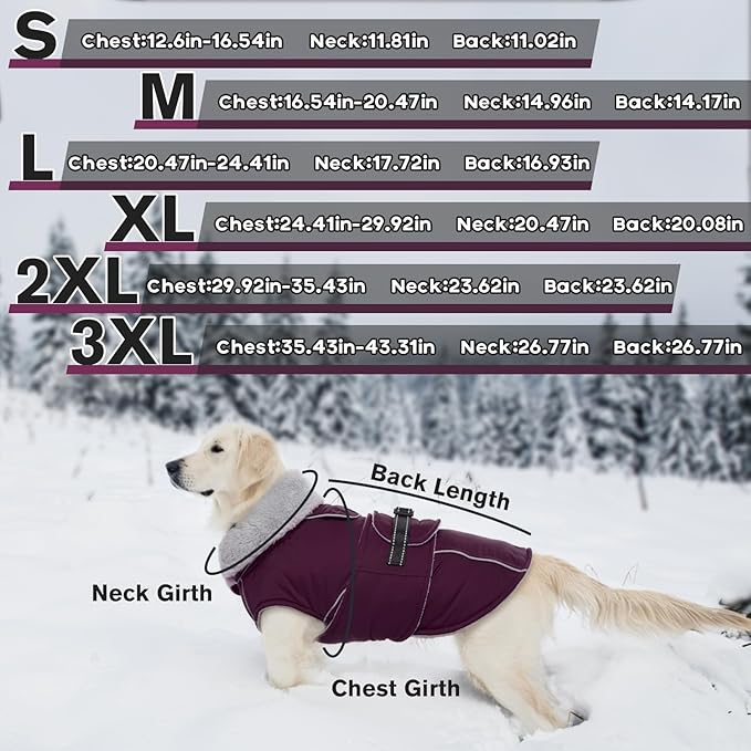Lelepet Warm Dog Coat Waterproof Dog Jacket for Extra Large Dogs Reflective Fleece Vest with Adjustable Buckle Hook & Loop Windproof Cold Weather Coats for Small Medium Large Dogs, Dark Purple, XXXL