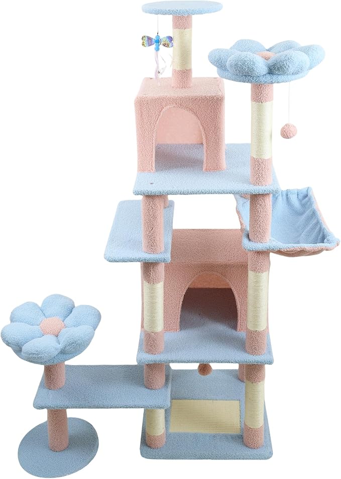 Montary 71" Multi-Level Tall Flower Cat Tree Tower: with Removable Flower Cushion, Hammock, Cozy Cat Nest, Interactive Play Toy & Comfortable Fabric, Blue & Pink