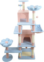 71-inch Flower Cat Tree, Large Cactus Cat Tree Tower Condo with Sisal Scratching Post, Cat Condos, Hammock, Removable Flower Cushion, Multi-Level Pet Activity Center, Pink (Blue)