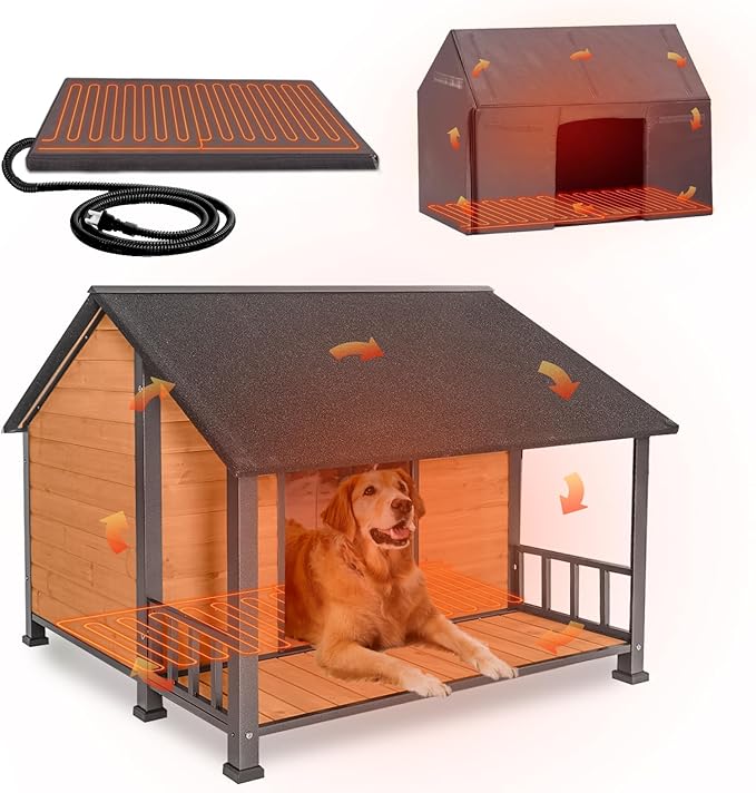 GUTINNEEN Extra Large Heated Dog House Outdoor Insulated Dog House XXL Weatherproof Chew-Proof Metal Frame Dog Kennel with Thermostat-Controlled Heating Pad, 6-Sided Thermal Liner for Large Dog Breeds
