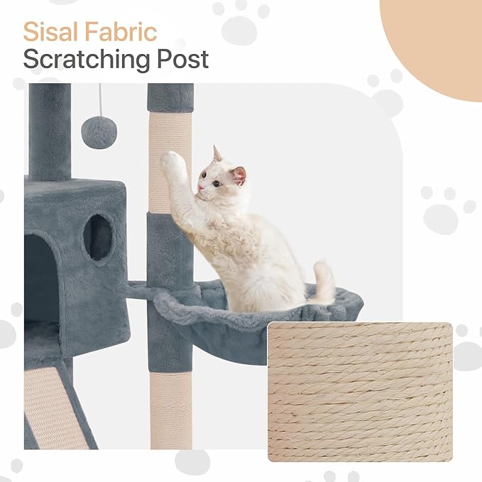 36 Inch Cat Tower for Indoor Cats, Multi Level Cat Condo with Scratching Post, Ramp, Plush Perch, Cat Cave, Basket, Cat Activity Center w/Ball for Small Space, Light Gray