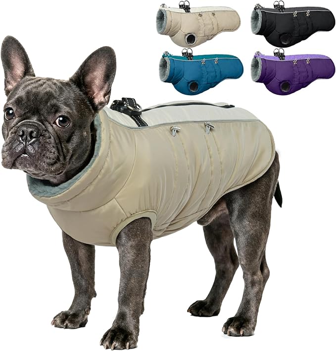 IDOMIK Warm Dog Coat with Harness, Waterproof Reflective Dog Jackets for Small Medium Large Dogs, Fleece High Collar Winter Jacket with Zipper, Pet Winter Snowsuit Clothes for Cold Weather,Khaki M