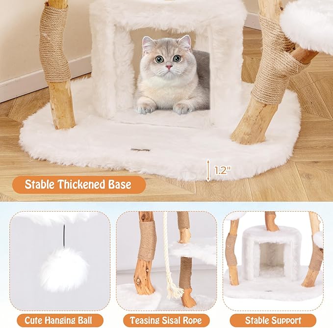 PETSITE 66 inch Tall Wooden Cat Tree Tower, Multi-Level Cat Tower with Jute Scratching Posts, Sisal Rope, Cat Condo, and Dangling Ball, Soft Long Plush, Modern Cat Tree for Indoor Cats Large Adult