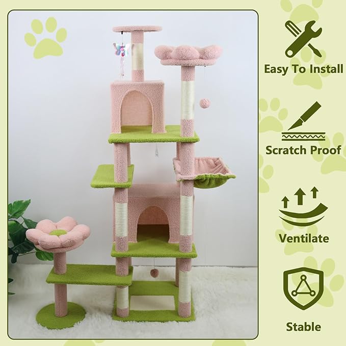 71 inch Flower Cat Tree, Multi-Level Cat Tower with Large Condo Removable Flower Cushion and Hammock, Tall Cat Tree for Indoor Large Cats Climbing, Scratching, and Play (Pink)