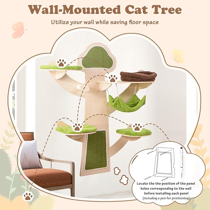PETSITE 71 Inch Cat Wall Shelves, Tree-Like Wall Mounted Cat Tree Climber Furniture with Sisal Scratching Post and Mats, Perches, Hammock, Bed, Removable & Washable Padded Cushions