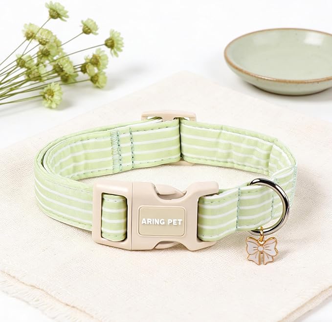 ARING PET Stripe Dog Collar, Cute Spring Summer Green Stripe Pet Collars with Bow Charm for Puppy Small Medium Large Boy Girl Dogs-XS, for Daily Outdoor Walking Training