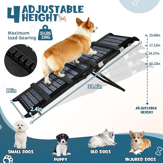 Upgraded Dog Ramp for Couch & Bed, Foldable Small Dog Ramp for Sofa Stairs, 4 Adjustable Height from 10'' to 20'', Aluminum Portable Stable Pet Steps with Non-Slip Pad, Up to 35 lbs