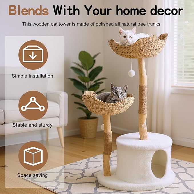 Modern Cat Tree, 46 Inch Aesthetic Luxury Wooden Cat Tower, Stable Wood Aesthetic Pet Furniture, Luxury Cats Condo with Scratching Post and Pet Bed, Great for Cats Lover Gifts White M