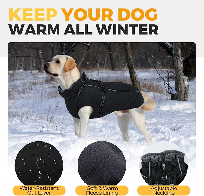 Lelepet Dog Coat for Large Dogs Waterproof Dog Jacket with Harness Built in Reflective Fleece Jacket with Zip Cold Weather Coats for Dogs Outdoor, Cozy Thermal Pet Snowsuit, Weimaraner, Black, XXL