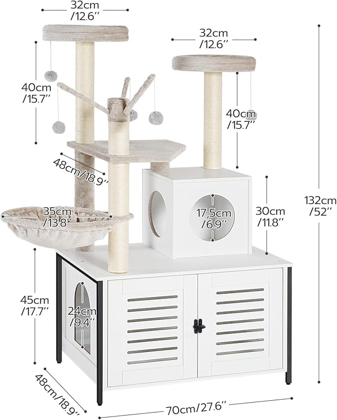 HOOBRO Cat Tree with Scratching Posts, Cat Tower Litter Box Enclosure Furniture for Indoor Cats, All-in-One Wooden Cat House Condo with Cat Hammock, Detachable Teaser Sticks, White BW14MZ03