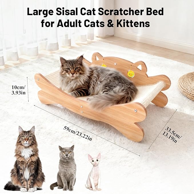 Sisal Cat Scratcher Bed, Natural Cat Scratching Lounge Chair with Sturdy Solid Wooden Frame, Cat Couch Bed & Furniture Protector, Cat Scratch Pad for Indoor Cats and Kittens