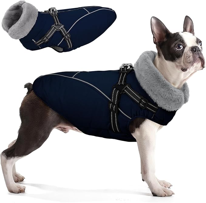 Queenmore Large Dog Coat,Dog Jacket for Extra Large Dogs with Harness Built in,Reflective Waterproof Dogs Jackets with Fleece Lining,Warm Snowsuit Pet Coats for Doberman,Labrador,NavyBlue,XXL
