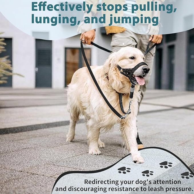 BARKLESS Sturdy No Pull Head Collar for Medium Large Dogs, Gentle Reflective Head Halter with Safety Link, Adjustable Nylon Dog Training Muzzle Leash for Walking Control (Black, XL)