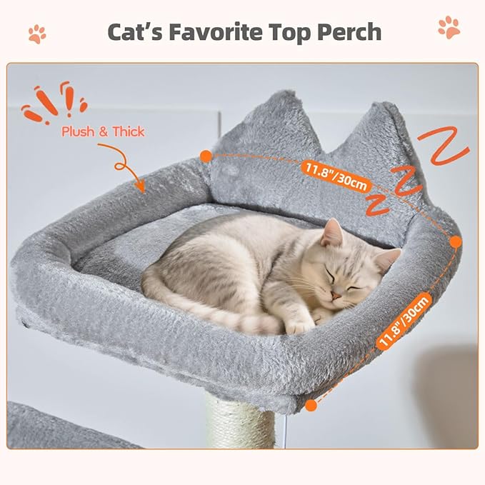 Taoqimiao Cat Tree for Indoor Cats, 55.1In Sturdy Cat Tower, Large Platform, Rotatable Round Condo with Large Scratch Board, Extended Cat House, Thickened Full-Sisal Scratching Post, Light Gray, F10W