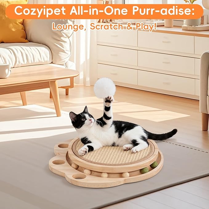 3-in-1 Cat Scratcher Board & Activity Center with Sisal Scratching Pad, Ball Track & Spring Toy, Interactive Cat Furniture for Indoor Cats