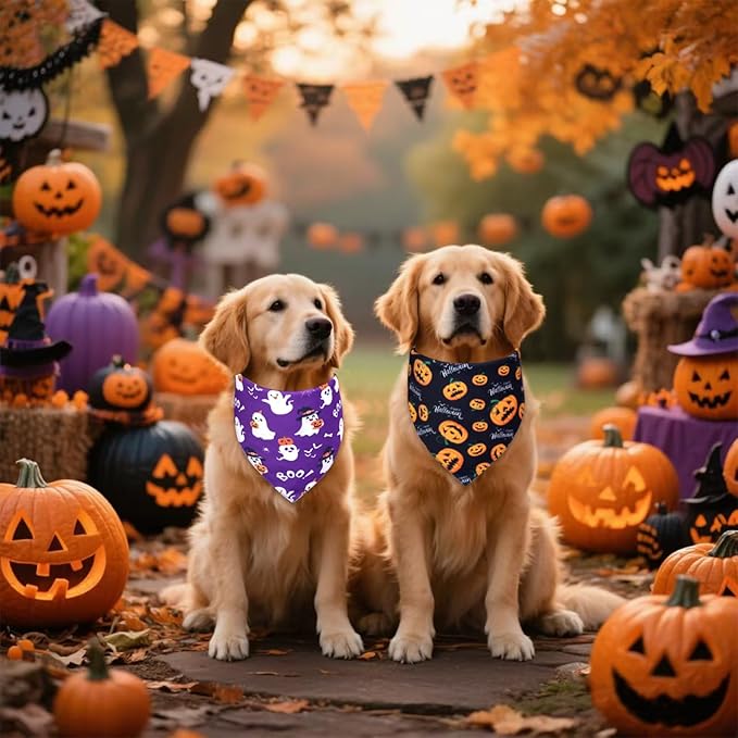 Halloween Dog Bandanas 2-Pack for Large to X-Large Dogs - Reversible Ghost Pumpkin Print Scarf - Brown & Black for Costume Parties