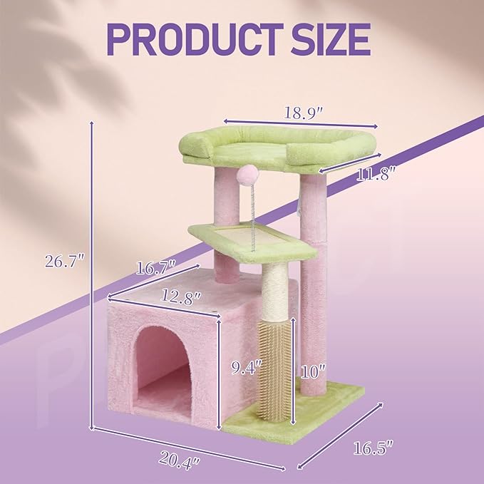 Cat Tree, Carpet Cat Tower for Indoors Cats, Cute Wood Kitty Condo with Scratching Post and Pad, Multi-Level Modern Activity Climbing Furniture for Small and Medium Cats (Pink)