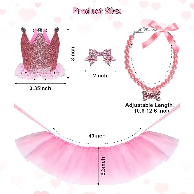 Dog Party Supplies Set - Pink Tutu Skirt, Birthday Hat, Necklace for Puppy Cat Halloween Wedding Costume