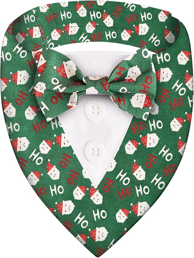 Adjustable Green Santa Christmas Dog Tuxedo Bandana with Bow Tie - Holiday Pet Outfit Costume for Dogs XS to XL