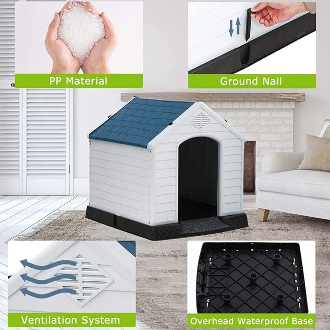 Dog House, Small and Medium Dog House, Waterproof Breathable Plastic Durable Indoor Outdoor Pet Shelter with Ventilation and Elevated Flooring, Easy to Assemble