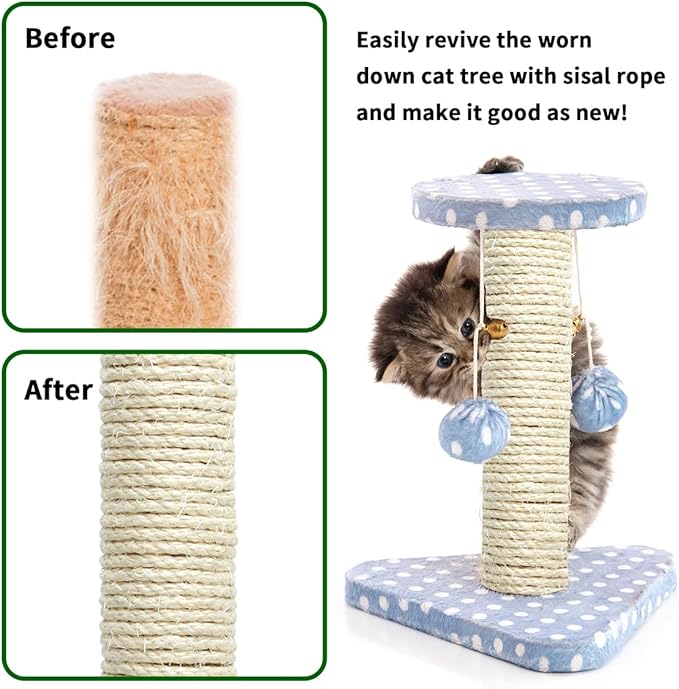 White Sisal Rope 1/4 Inch by 32-Feet for Cat Scratching Post Tree Tower Replacement Repair and Replace, DIY Hemp Twine Rope for Kittens Shelves Furniture Window Bed Perch House Climbing, 6mm by 10m