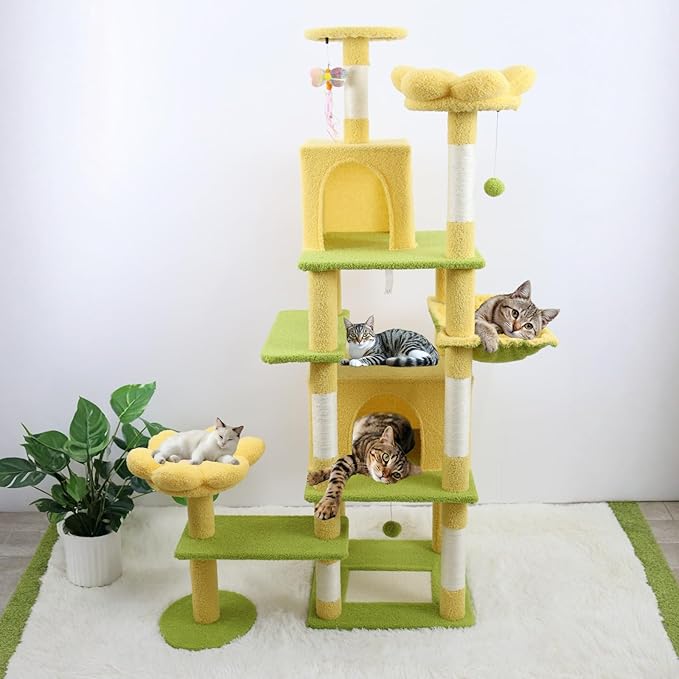 71 inch Flower Cat Tree, Multi-Level Cat Tower with Large Condo Removable Flower Cushion and Hammock, Tall Cat Tree for Indoor Large Cats Climbing, Scratching, and Play (Yellow)