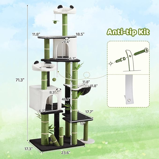 Erinnyees Cat Tree, 71.3 Inches Cat Tower for Indoor Cats with Panda Design, Spacious Cute Kitty Condo with Sisal Scratching Post, Cozy Hammock and Multi-Level Platform, Stylish Pet Furniture