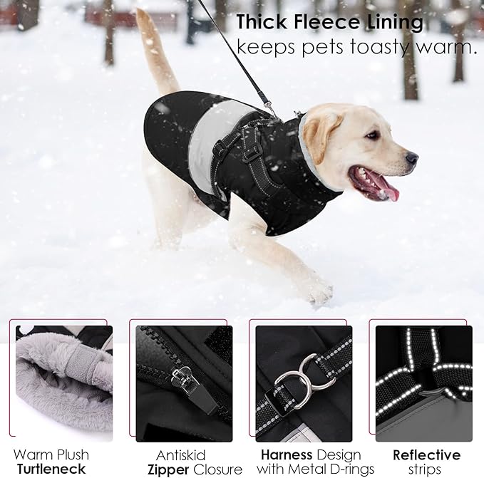 AOFITEE Dog Coats for Large Dogs, Dog Winter Coat, Dogs Coat with Harness Built in, Reflective Waterproof Pet Jacket with Furry Collar, Warm Fleece Pet Sweater for Doberman, Great Dane, Black XXXL