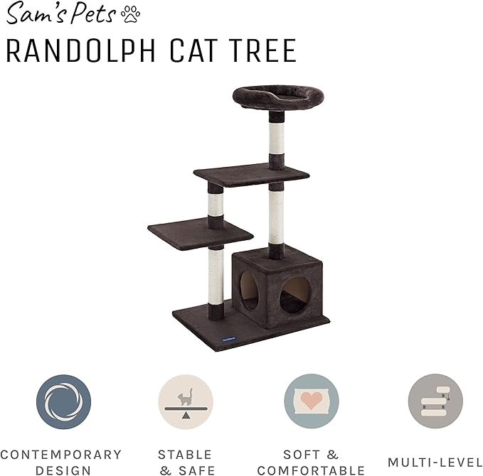 Sam's Pets Randolph 43 inch Brown Cat Tree comfy soft plush four sisal scratch posts
