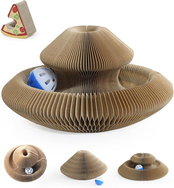 Kitty Kurlz Cat Scratcher Magic Organ Cat Scratching Board with Bell Ball,Foldable Accordion Kitty Curls Cat Scratcher,Kitty kurlz Cat Toy for Indoor Cats,Beige