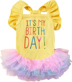 Dog Birthday Dress It's My Birthday Dog Dress Small Doggy Girl's Tutu Dresses Ruffle Sleeless Puppy Clothes Tulle Lace Skirt Pet Costume Cat Outfits (Yellow, S(6.5-12lb))