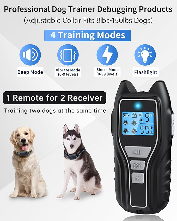 Shock Collar for Dogs 2 Dogs (15-120lbs) 2000FT Dog Shock Collar with Remote Control Waterproof Dog Training Collar with Remote 4 Safe Modes Rechargeable Lock Flash Light for All Breeds - Silver