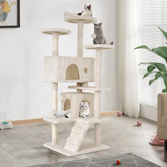 54 Inch Tall Cat Tree Tower - Multi-Level Cat Condo with Scratching Post, Toys & Rest Area, Beige