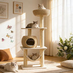 Wood Cat Tree for Indoor Cats, 52.4 Inch Tall, with Scratching Post and Hammock
