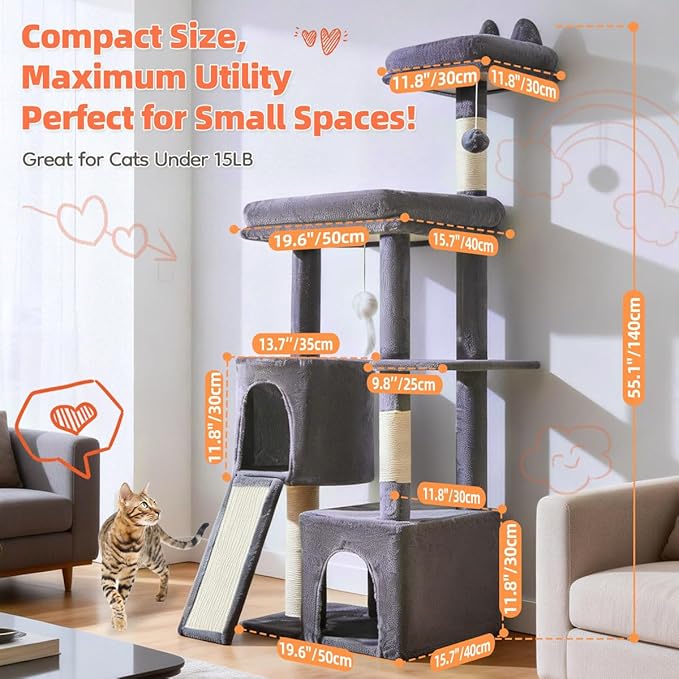 Taoqimiao Cat Tree for Indoor Cats, 55.1In Sturdy Cat Tower, Large Platform, Rotatable Round Condo with Large Scratch Board, Extended Cat House, Thickened Full-Sisal Scratching Post, Smoky Gray, F10G