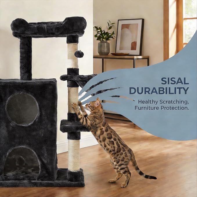 Cat Tree Tower for Indoor Cats, 36-inch Adult Cat Tree House for Large Adult Cats with Steps, Scratching Post, 2 Cat Condo, Dangling Toys, Dark Grey