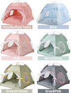 Cat Bed Tents Dog House Indoor Outdoor Lace Mesh Breathable Windows Door Curtains Removable Portable Nest Teepe House (Large,Gray&Pink)