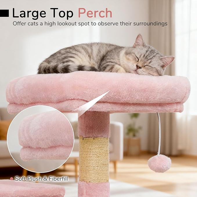 DORTALA Cat Tree for Indoor Cats, 44" Modern Cat Tower with Top Perch, Condo, Hammock, Sisal Scratching Posts, Dangling Balls, Platforms, Multi-Level Pet Climbing Furniture Playground (Pink)