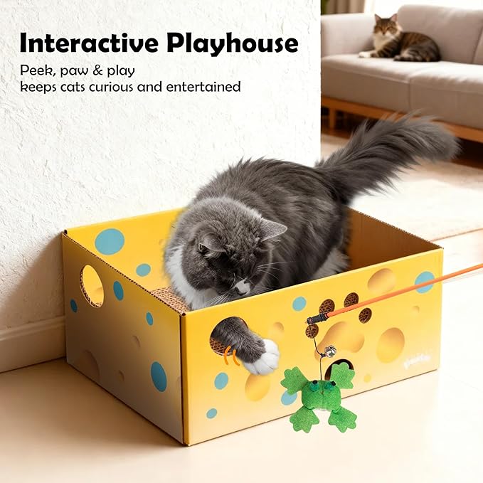 Pawise Heavy Duty Cardboard Cat Scratcher Box with 2 Refillable Scratcher Pads & Peekaboo Holes – Large Cat Scratch Box for Indoor Cats + Bonus Cat Toy Wand