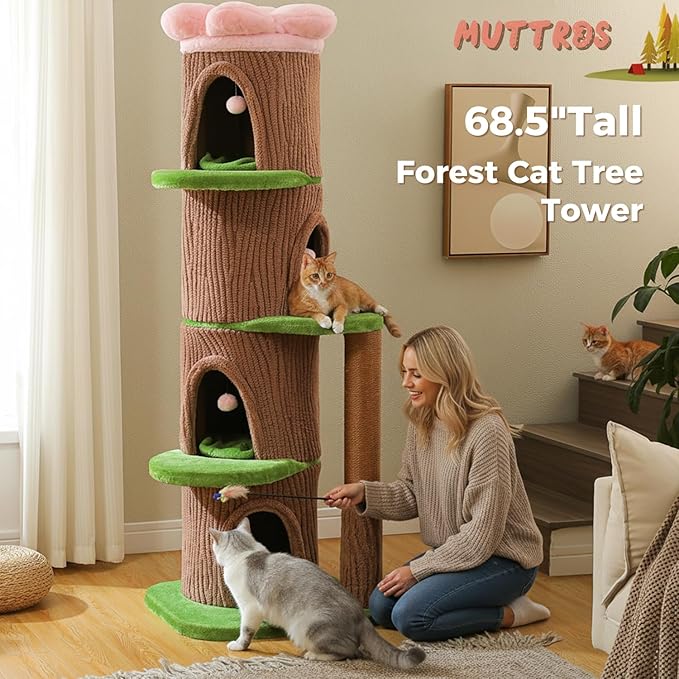 Forest Cat Tree with Flower Condos, Cute Tall Cat Tower with Scratching Posts & Padded Perch, Multi-Level Kitty Activity Center for Indoor Cats, Indoor Jungle Gym Furniture