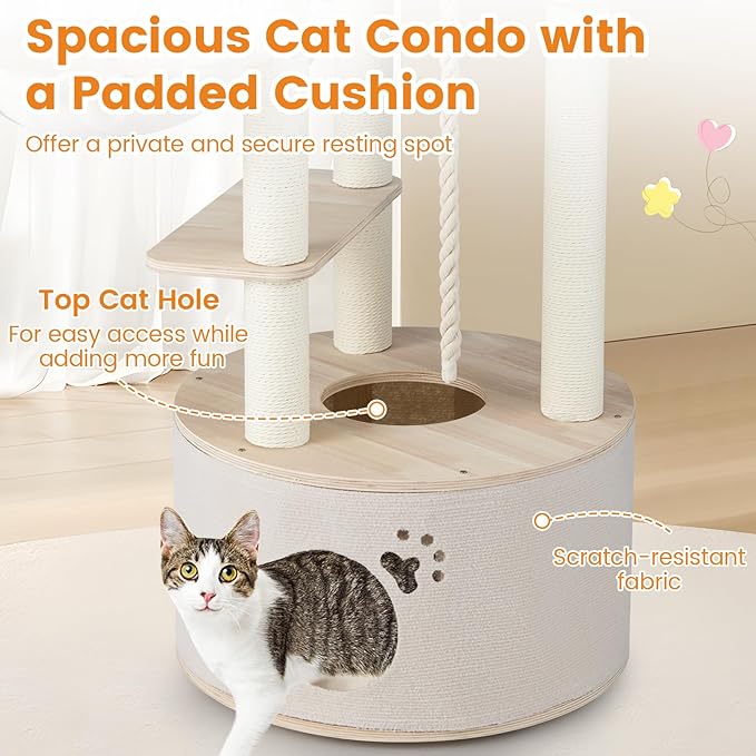 PETSITE 55.5 Inches Wooden Cat Tree, Multi-Level Modern Cat Tower with Scratching Posts, Side Basket, Multiple Jumping Platforms, Hanging Ball and Rope, Top Curved Perch, and Condo