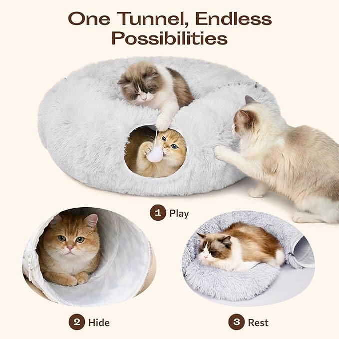 Meowfia Indoor Cat Tunnel with Donut Bed - Large Flexible Play Space for Multiple Pets - Circle or Snake Shape, Cozy Lounge (Grey)