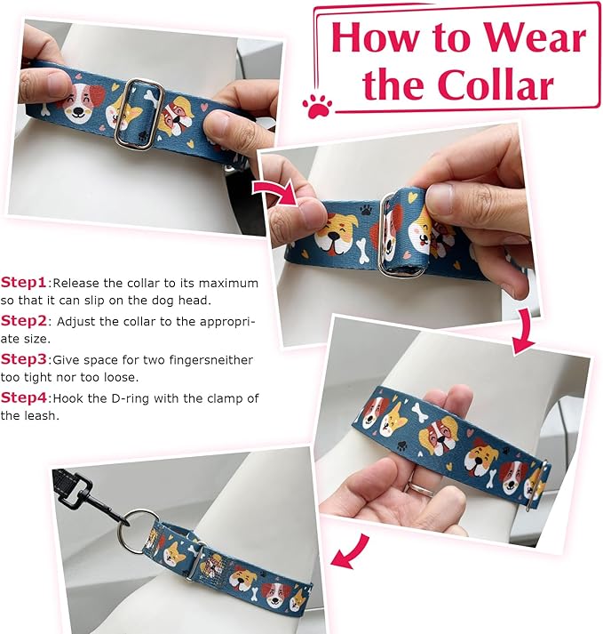 Heavy Duty 1.5 Inch Martingale Collar for Dogs - Escape Proof No Pull for Large Dogs, Wide Adjustable Slip Training Collar (Dog paw M)