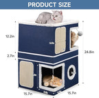Shikha 2-Storey Cat Houses for Indoor Cats, Dual-Purpose Double Large Cat Beds Cave with Hideaway Condos, Scratch Pads, Fluffy Balls, Foldable Indoor Cat Cube House for Multi Small Pets Kitten, Blue