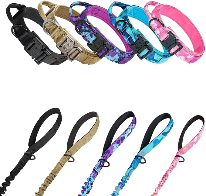 Hotsky Tactical Dog Collar and Leash Set, Heavy Duty Military Airtag Dog Collar with Handle and Metal Buckle for Training and Walking, with Airtag Holder and Two Patches (Blue Camo, XL)
